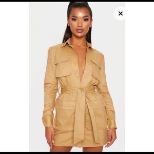Camel Utility Tie Waist Shirt Dress
